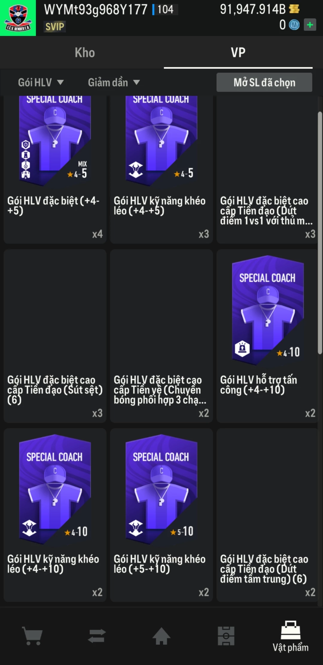 Ảnh ACC mở thẻ (LOẠI SUPER VIP) bao gồm có hơn 900+ đến 1100+ thẻ cầu thủ từ Siêu sao đến Miền núi các loại (ngẫu nhiên có: 01 thẻ +12 và 03 thẻ PRIME QH, XS, CP...) Acc có sẵn BP trắng từ 80.000 tỷ BP đến 120.000 tỷ BP kèm theo nhiều ngày SVIP